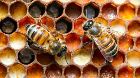 Two bees on a beehive (photo by Alex Wild Photography)